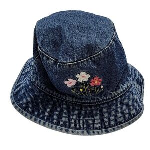 Vintage Baby GAP Kids Denim Bucket Hat Embroidered Floral Blue Size 6 12M